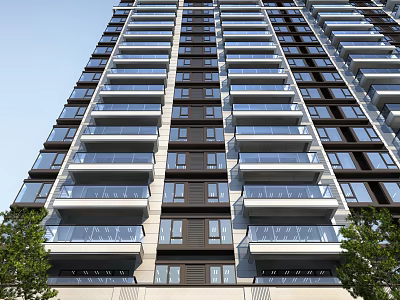 Modern High Rise Residential Building Exterior Design With Glass Balconies And Green Trees 3d model