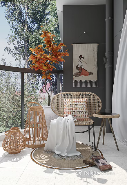 Rattan Lounge Chair With Decorative Pillow And Wooden Side Table In Cozy Natural Setting 3d model 