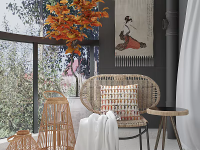 Rattan Lounge Chair With Decorative Pillow And Wooden Side Table In Cozy Natural Setting 3d model