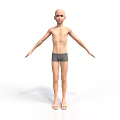 Shirtless Bald Man With Gray Shorts And Barefoot Standing In White Background