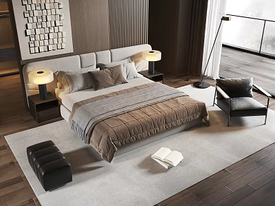 Modern Bedroom Interior With Bed Pillows Blanket Bedside Tables And Floor Lamp 3d model