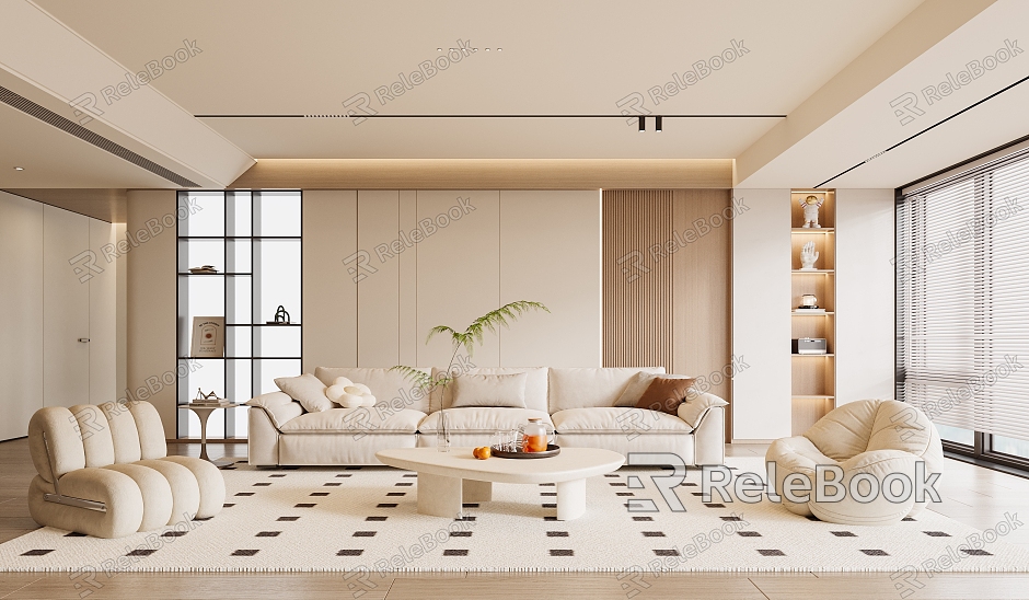 Cream Style Living Room Sofa Combination Single Chair Casual Chair Vase Ornaments Carpet Decorations Coffee Table model