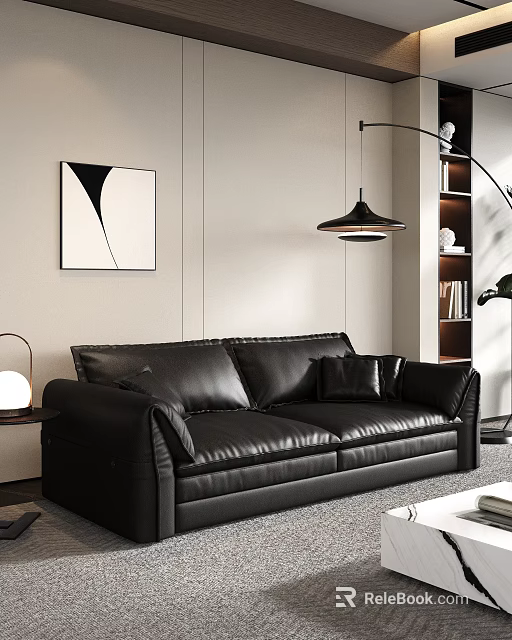 Black Leather Two Seater Sofa In Living Room With Abstract Painting Floor Lamp And Bookshelf 3d model 
