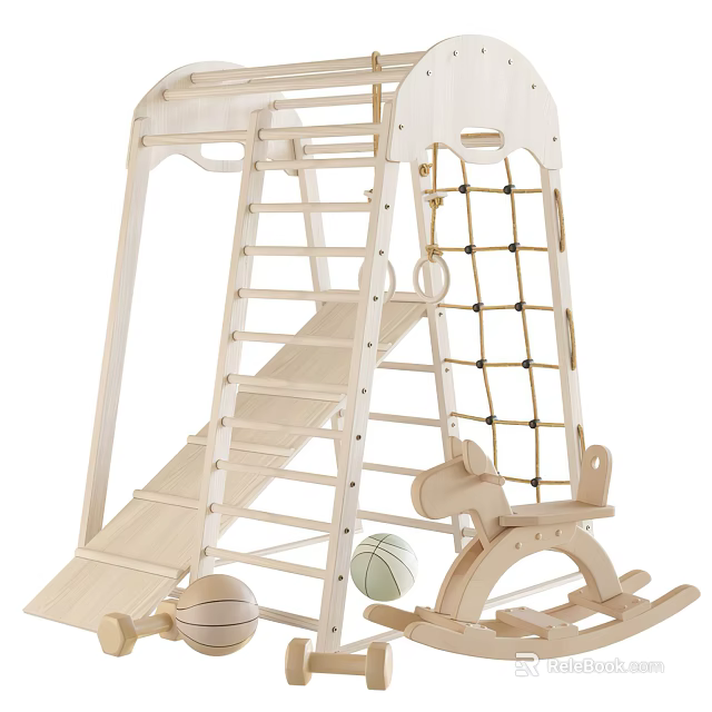 Wooden Play Equipment With Slide Ladder Climbing Net Rocking Horse And Ball 3d model 
