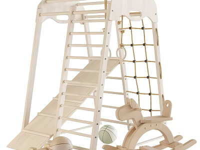 Wooden Play Equipment With Slide Ladder Climbing Net Rocking Horse And Ball 3d model
