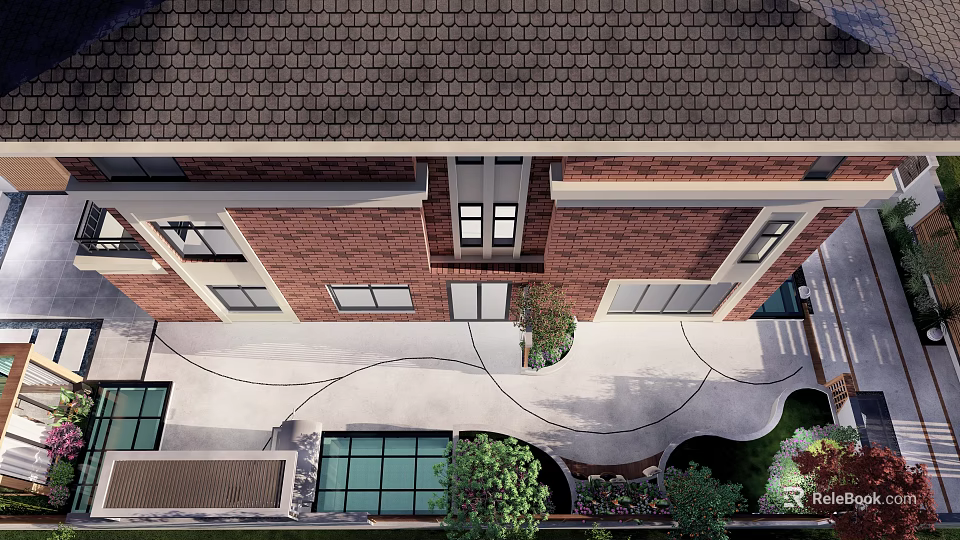 Aerial View Of Brick Building Courtyard Garden With Patio Pathway And Greenery 3d model 