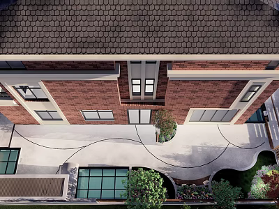 Aerial View Of Brick Building Courtyard Garden With Patio Pathway And Greenery 3d model