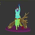 3D Female Character Model With Blue Horns Long Black Hair And Tree Root Base