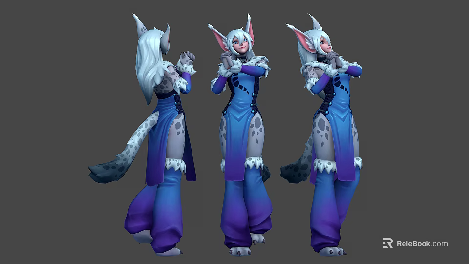 Multiple Anthropomorphic Feline Characters With White Hair Blue Purple Outfits Fur Trim In Different Angles 3d model 