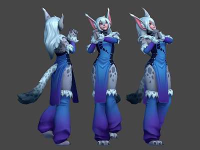 Multiple Anthropomorphic Feline Characters With White Hair Blue Purple Outfits Fur Trim In Different Angles 3d model