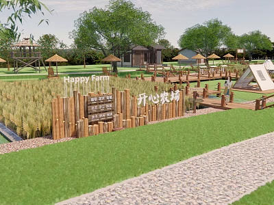 Scenic Rural Landscape With Rice Fields Wooden Fences Cabins Tents And Gravel Path 3d model