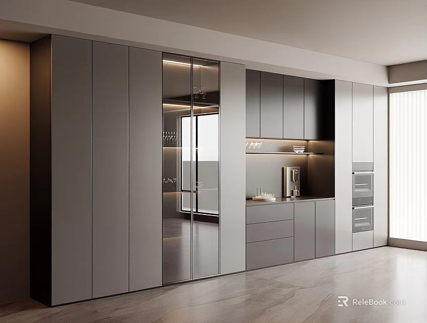 Modern Gray Silver Sideboard Design With Glass Doors Drawers And LED Lighting In Kitchen Interior 3d model 