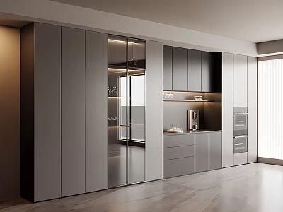 Modern Gray Silver Sideboard Design With Glass Doors Drawers And LED Lighting In Kitchen Interior 3d model