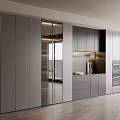 Modern Gray Silver Sideboard Design With Glass Doors Drawers And LED Lighting In Kitchen Interior