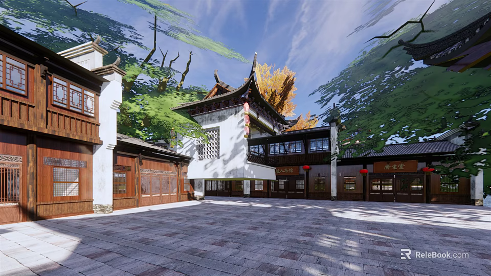 Traditional Chinese Commercial Street With Ancient Architecture Green Trees And Stone Paved Square 3d model 