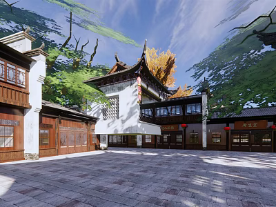 Traditional Chinese Commercial Street With Ancient Architecture Green Trees And Stone Paved Square 3d model