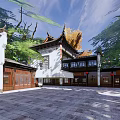Traditional Chinese Commercial Street With Ancient Architecture Green Trees And Stone Paved Square