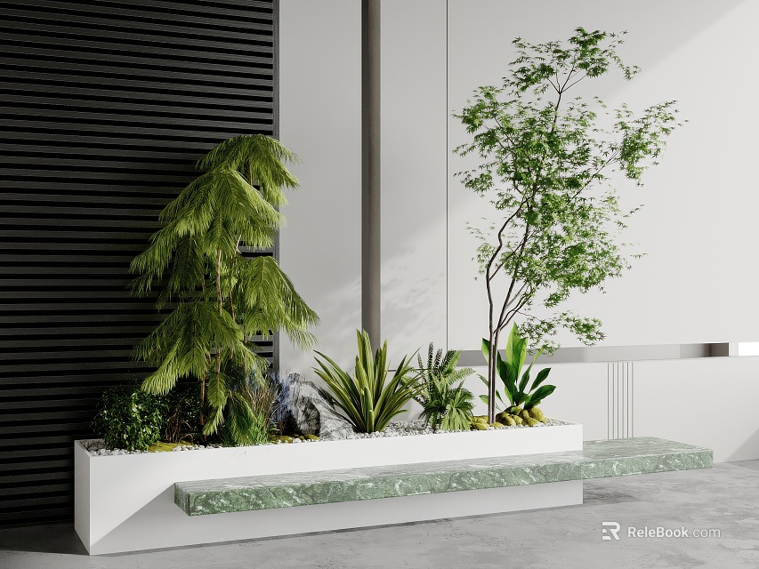 Modern Indoor Plant Combination With Various Green Plants Tall Trees And Marble Planter 3d model 