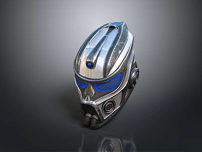 Futuristic Silver Metallic Helmet With Blue Visor And Tech Equipment Design 3d model