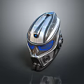 Futuristic Silver Metallic Helmet With Blue Visor And Tech Equipment Design