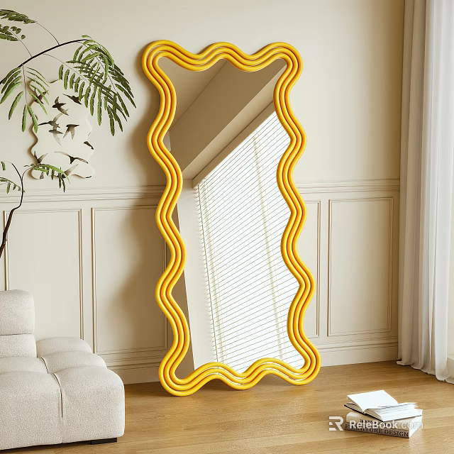 Yellow Wavy Mirror in Living Room with Fern Plant Light Sofa White Wainscoting and Blinds 3d model 