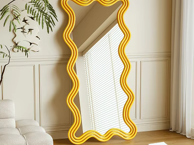 Yellow Wavy Mirror in Living Room with Fern Plant Light Sofa White Wainscoting and Blinds 3d model
