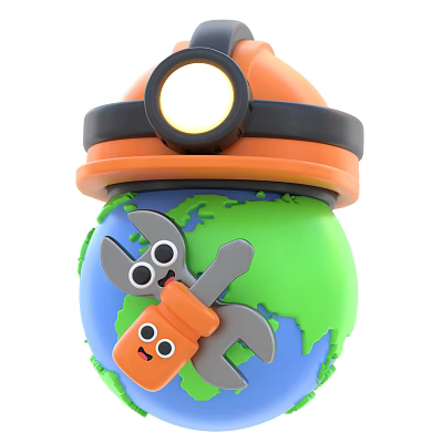 Cartoon Decorative Ornament Set With Orange Miner Hat Globe And Gray Wrench Design 3d model