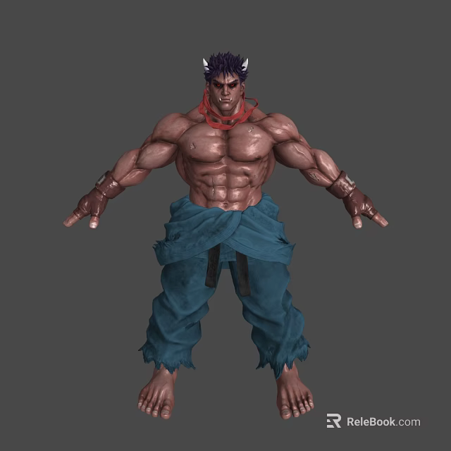 Muscular Shirtless Game Character With Red Scarf Defined Abs Tattered Blue Pants And Wristbands 3d model 