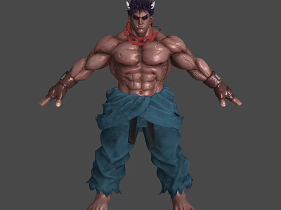 Muscular Shirtless Game Character With Red Scarf Defined Abs Tattered Blue Pants And Wristbands 3d model