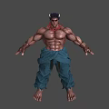 Muscular Shirtless Game Character With Red Scarf Defined Abs Tattered Blue Pants And Wristbands