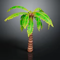 Tropical Green Leafy Palm Plant With Brown Textured Trunk On Dark Background