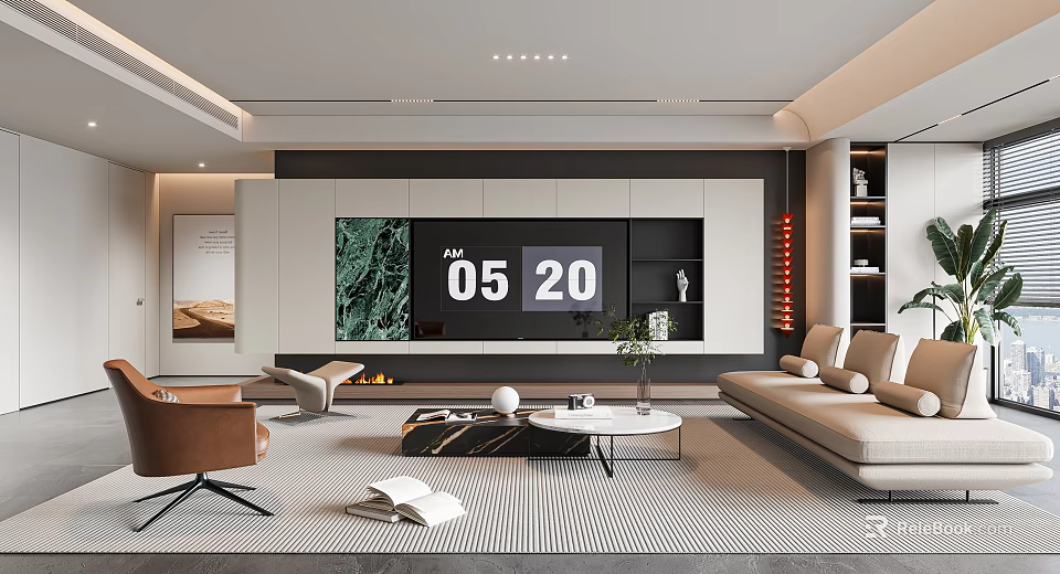 Modern Living Room Interior With TV Wall Sofa Coffee Table And Potted Plant 3d model 