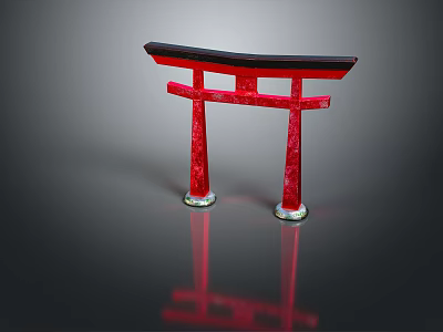 Traditional Red Torii Gate with Black Top Beam White Base and Reflective Surface 3d model