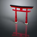 Traditional Red Torii Gate with Black Top Beam White Base and Reflective Surface