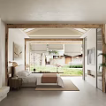 Cozy Bedroom Interior With Wooden Beams Fireplace Comfortable Bed And Green Garden View