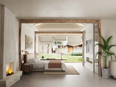 Cozy Bedroom Interior With Wooden Beams Fireplace Comfortable Bed And Green Garden View 3d model