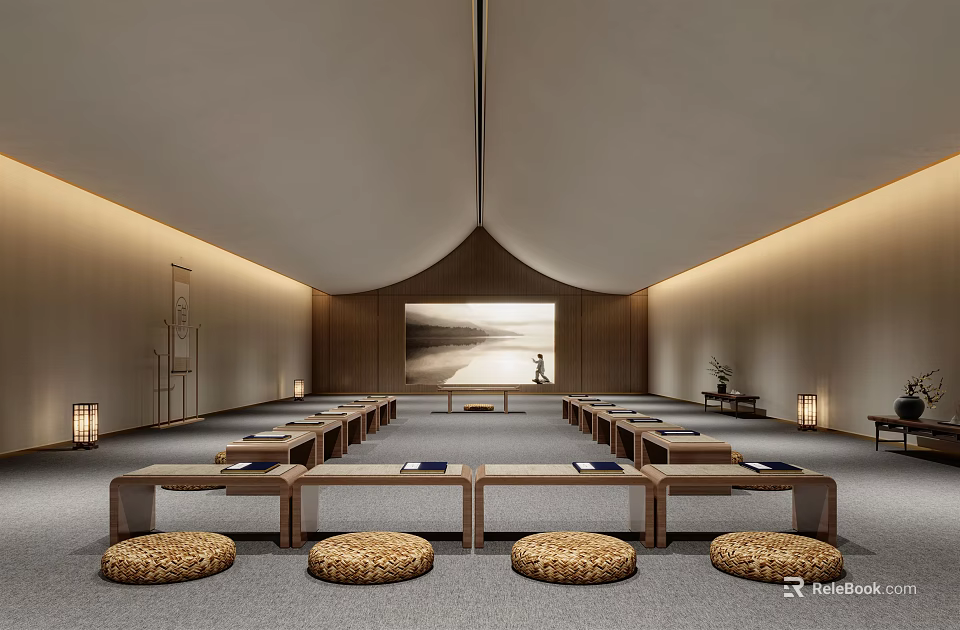 Serene Zen Inspired Interior Space With Wooden Tables Woven Cushions And Wall Art 3d model 