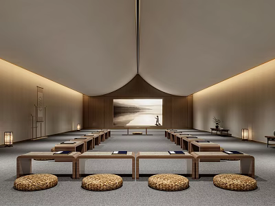 Serene Zen Inspired Interior Space With Wooden Tables Woven Cushions And Wall Art 3d model