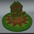 Garden Ornament With Circular Green Base Red Patterns House Shaped Topiary And Small Trees