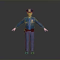 Man In Blue Police Uniform With Hat Standing Arms Outstretched On Gray Background