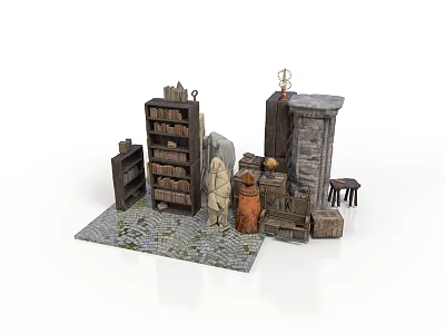 Vintage Scene Components With Wooden Shelves Stone Fireplace Cabinets Small Table Stool And Decorative Rug 3d model