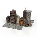 Vintage Scene Components With Wooden Shelves Stone Fireplace Cabinets Small Table Stool And Decorative Rug