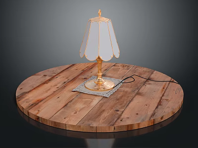 Round Wooden Table with Golden Base Table Lamp and White Shade 3d model