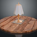 Round Wooden Table with Golden Base Table Lamp and White Shade 3d model