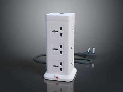 Vertical White Power Strip with Multiple Outlets Red Switch Button and Power Cord Design 3d model