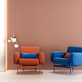 Modern Single Sofas Interior With Orange Blue Upholstery Metal Legs And Warm Wall 3d model