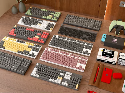Colorful Computer Keyboards in Various Styles Display on Wooden Desk with Accessories 3d model