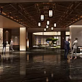 Elegant Hotel Lobby Interior With Circular Wooden Ceiling And Central Green Plant