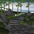 Tranquil Garden Landscape with Tall Trees Lush Grass Rocky Outcrops Stone Steps and Purple Flowers