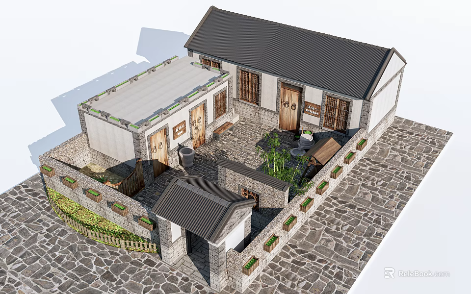 Traditional Chinese Courtyard House With Gray Tiled Roof Brick Walls And Green Plants 3d model 